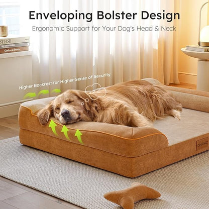 CWAWZ Jumbo Dog Bed for Extra Large Dogs, Orthopedic Dog Bed with Cooling Gel Memory Foam, Waterproof Pet Bed with Removable Washable Cover, 45" Pet Sofa Couch Dutch Velvet with Bone Toy, Brown