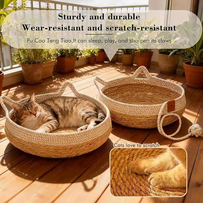 Natural Cat Bed Straw Nest Woven Pet House Handmade Braided Cute Cats Ears Cattail Leaf with Soft Cushion and Toy Ball 18 x 18 Inches