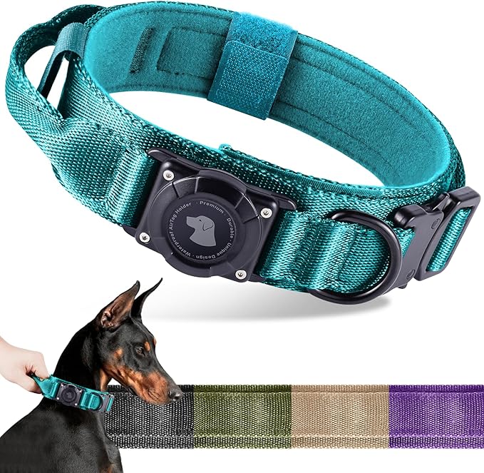 2026 Upgrade Waterproof AirTag Dog Collar, Military Tactical Dog Collar with AirTag Holder, Comfortable Control Handle and Metal Buckle, GPS Dog Collar Holder for Medium to Large Dogs (Blue, M)