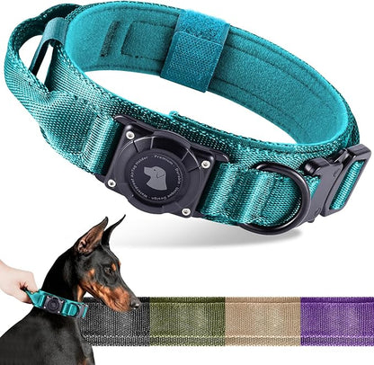 2026 Upgrade Waterproof AirTag Dog Collar, Military Tactical Dog Collar with AirTag Holder, Comfortable Control Handle and Metal Buckle, GPS Dog Collar Holder for Medium to Large Dogs (Blue, M)