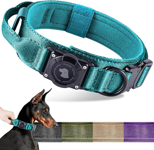 2026 Upgrade Waterproof AirTag Dog Collar, Military Tactical Dog Collar with AirTag Holder, Comfortable Control Handle and Metal Buckle, GPS Dog Collar Holder for Medium to Large Dogs (Blue, XL)