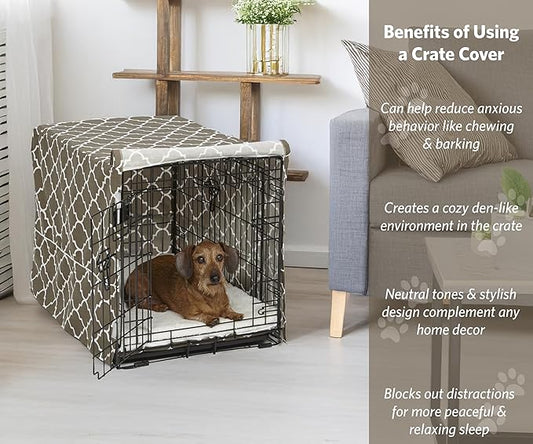 MidWest Homes for Pets Medium Dog Crate Cover with Teflon Fabric Protector, Poly-Cotton Privacy Kennel Cover Fits Most 30-inch Crates, Brown Designer Print, Washable, Reduces Barking