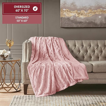 Madison Park Zuri Soft Plush Luxury Oversized Faux Fur Throw Animal Stripes Design, Faux Mink On The Reverse, Modern All Seasons Blanket for Bed, Sofa Couch, Office, Blush, 60x70