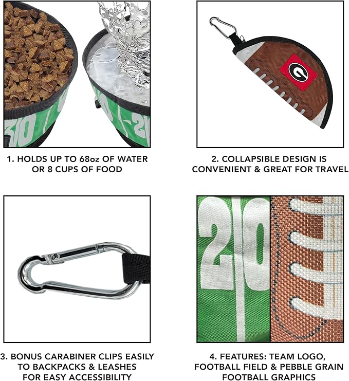 Pets First NCAA Georgia Bulldogs Collapsible Dog Travel Bowl, Food and Water Bowl for Dogs & Cats. Lightweight Leak-Proof Pet Bowl for Travel with Football Field & Pebble-Grain Design