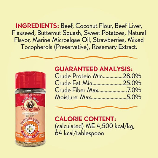 Charlee Bear Necessities Freeze Dried Dog Food Topper, Immune Health Support, Grain Free, High Protein, Limited Ingredient Meal Toppers for Dogs, Beef Recipe, 1 Ounce