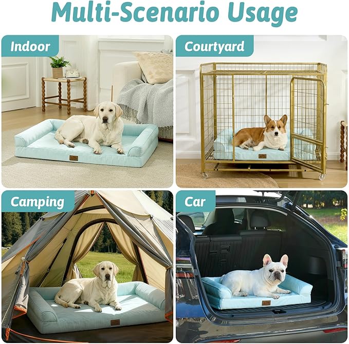 Cooling Dog Bed, Orthopedic Foam Dog Bed with Sides, Removable Cover & Waterproof Lining and Nonskid Bottom, Comfortable Pet Beds for Extra Large Dogs, Green (48" L x 32" W x 7.5" Th)