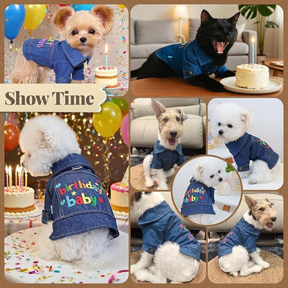 Dog Jean Jacket with D-Ring Blue Denim Coat Dogs Outfits for Small Dogs Cats Boy Male Girl Birthday Clothes Costume Letter Embroidery Dogggie Puppy Winter Warm Clothes(Birthday Baby,XS)