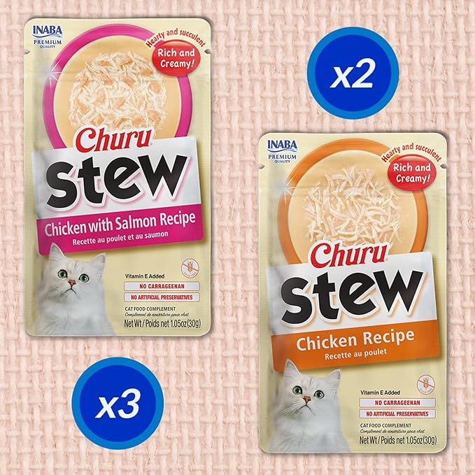 INABA Churu Stew for Cats, Broth Gelée with Shredded Chicken Side Dish with Vitamin E, 1 Ounce per Pouch, 15 Pouches Total, Chicken Variety Pack