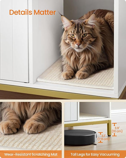 Feandrea Cat Litter Box Enclosure, Hidden Litter Box Furniture with Scratch Pad, Front Entry, Double Cabinet Doors, Modern Style, 35.4" Cat House Washroom Side End Table, White and Gold