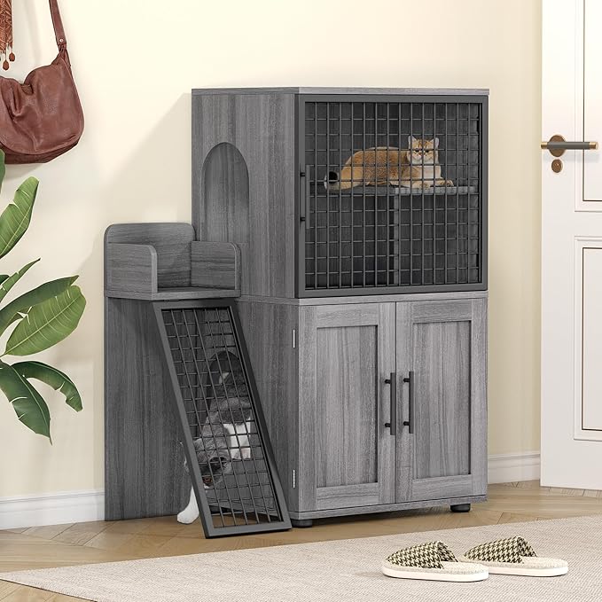 Cat Litter Box Enclosure Furniture with Double Layer Design, Hidden Litter Box & Lounge Villa for Indoor Cats - Includes Ladder, Platform, and Washroom Space for Living Room, Wax Wood