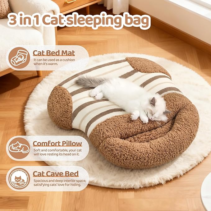 Jiupety Cat Sleeping Bag Cat Beds for Indoor Cats Self-Warming Dog Sleeping Bag Cozy Plush Portable Snuggle Sack Cat Bed Cave Machine Washable for Cats & Small Dogs,Brown Large