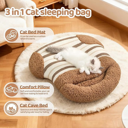 Jiupety Cat Sleeping Bag Cat Beds for Indoor Cats Self-Warming Dog Sleeping Bag Cozy Plush Portable Snuggle Sack Cat Bed Cave Machine Washable for Cats & Small Dogs,Brown Large