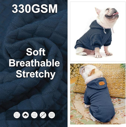 BEAUTYZOO Small Dog Hoodie Sweater with Pockets, Dog Clothes for Small Medium Dogs Boy Girl, Waffle-Like Laminated Cotton Pet Coats with Hat and Leash Hole, Navy Blue SM
