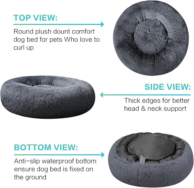 SAVFOX 23 inches Calming Donut Dog Bed - 3X Durable Plush Faux Fur, Machine Washable & Non-Slip, Fits up to 25 lbs, Dark Grey