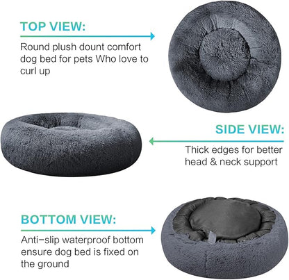 SAVFOX 23 inches Calming Donut Dog Bed - 3X Durable Plush Faux Fur, Machine Washable & Non-Slip, Fits up to 25 lbs, Dark Grey