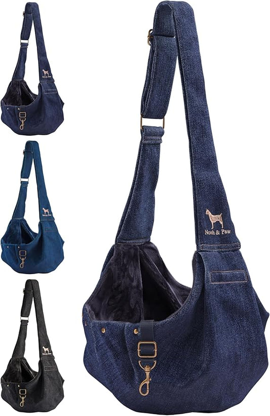 Noah & Paw Dog Sling Carrier for Small Dogs 3-10lb, Dog Sling for Small Dogs and Cats, Dog Carrier with Adjustable Padded Strap, Premium Denim, Lined with Fur, Double Safety Feature, Machine Washable