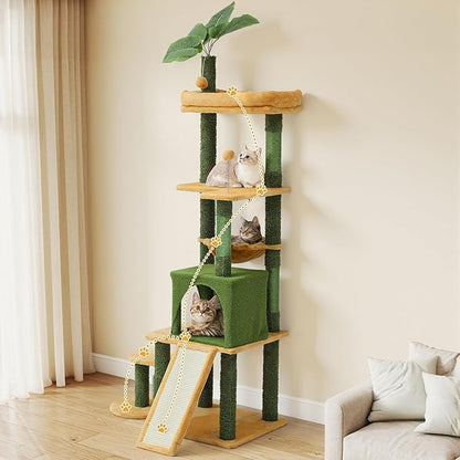 DWVO Cat Tree with Leaves for Large Cats: 72.8" Tall with Self-Grooming Brush, Cute Kitten Climbing Tower for Indoor Kittens with Cat Condo, Top Perch, Basktet, Sisal Scratching Posts, Dangling Ball