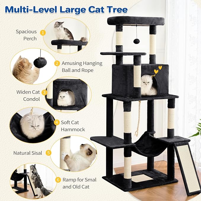 ABCPET Cat Tree Tower 63in Multi-Level Cat Tower for Indoor Cats with Sisal Scratching Posts, Condo, Hammock, Dangling Ball and Extended Platform for Cats to Play, Black