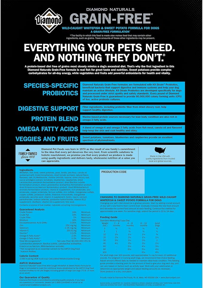 Diamond Naturals Grain-Free Recipe All Life Stages Quality Protein Dry Dog Food with Wild-Caught Whitefish and Sweet Potato 28lb