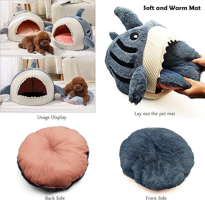 Tipmant Indoor Pet House Bed Cottage Mat for Cat Small Dog Puppy Teddy Cute Shark Shape Warm Soft (Small, Pet Weight < 6.6 lb)