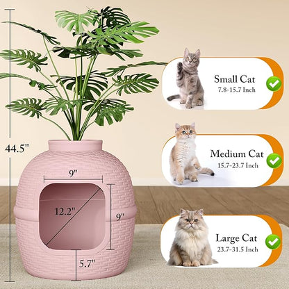 Cat Litter Box, Hidden Litter Box with Faux Plant, Heavy Duty Litterbox Enclosure Furniture with Rattan Pattern, PP Cat Box Enclosure Furniture for Living Room, Bedroom, Pink