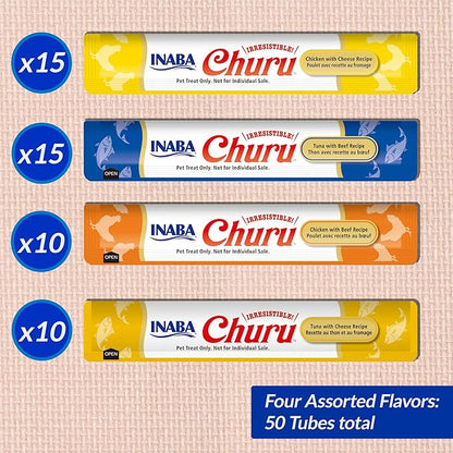 INABA Churu Cat Treats, Grain-Free, Lickable, Squeezable Creamy Purée Cat Treat/Topper with Vitamin E & Taurine, 0.5 Ounce - 50 Count (Pack of 1), Beef & Cheese Variety
