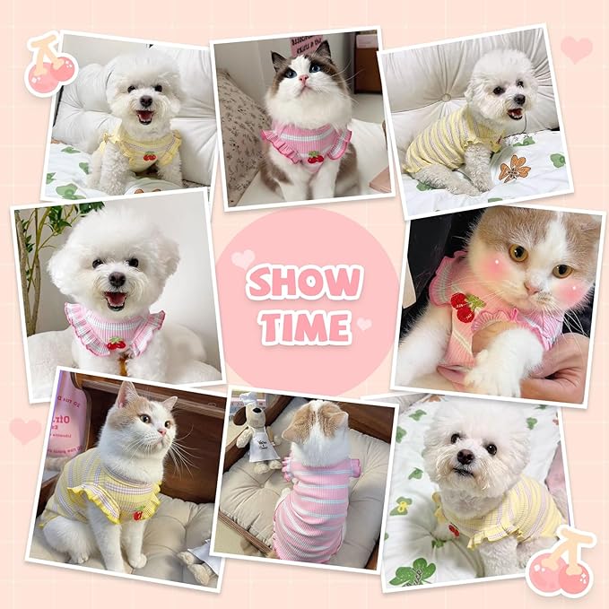 2 Pack Striped Small Dog T Shirt Cute Cherry Girl Dog Clothes for Small Dogs Cats Breathable Soft Cotton Pet Puppy Sleeveless Vest Spring Summer Pet Outfits（Pink+Yellow,XX-Large）