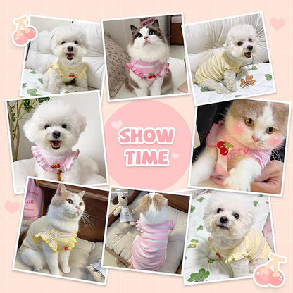 2 Pack Striped Small Dog T Shirt Cute Cherry Girl Dog Clothes for Small Dogs Cats Breathable Soft Cotton Pet Puppy Sleeveless Vest Spring Summer Pet Outfits（Pink+Yellow,Medium）