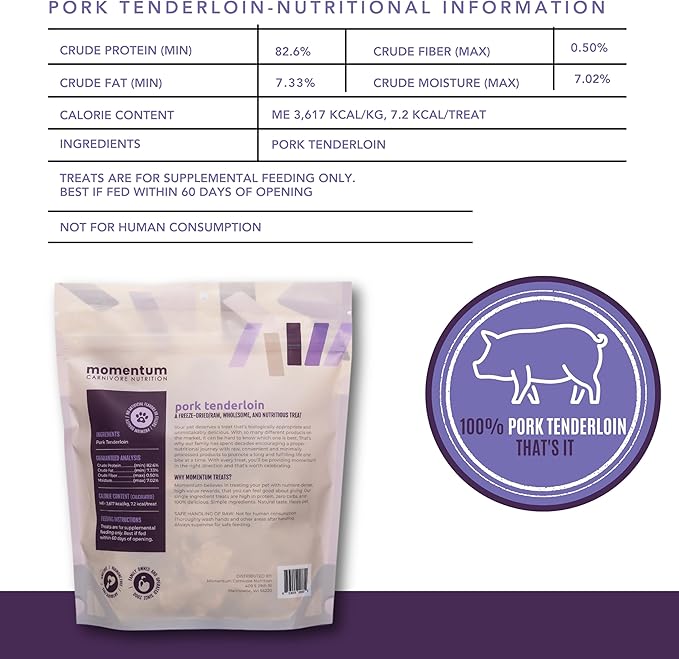Momentum Carnivore Nutrition Freeze-Dried Pork Tenderloin Cat Treats – Single-Ingredient, High-Protein, All-Natural, Grain-Free, Lean & Naturally Tender – Made in USA – 2.5 oz Bag