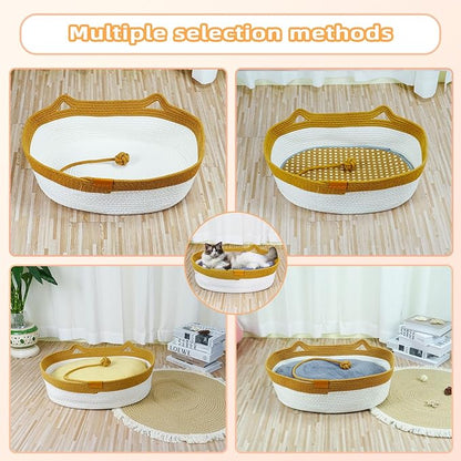 Pet Beds for Cats, Cat Beds for Indoor Cats 19.69"×13.78"×6.30",Cotton Rope Oval Cat Bed for All Seasons (with Cooler Straw Mat and Cotton Mat Both), Suitable for cats＆dogs (Brown - Plush, Medium)