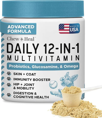 12-in-1 Multivitamin Powder for Dogs - 5.4 oz of Puppy and Senior Dog Vitamins and Supplements - Advanced Formula with Glucosamine, Omega 3,6,9, Vitamins, Probiotics, and More - Made in the USA