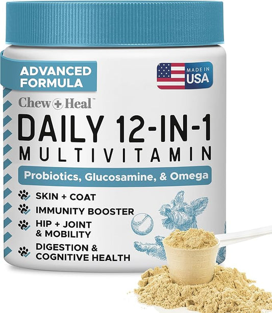 12-in-1 Multivitamin Powder for Dogs - 5.4 oz of Puppy and Senior Dog Vitamins and Supplements - Advanced Formula with Glucosamine, Omega 3,6,9, Vitamins, Probiotics, and More - Made in the USA