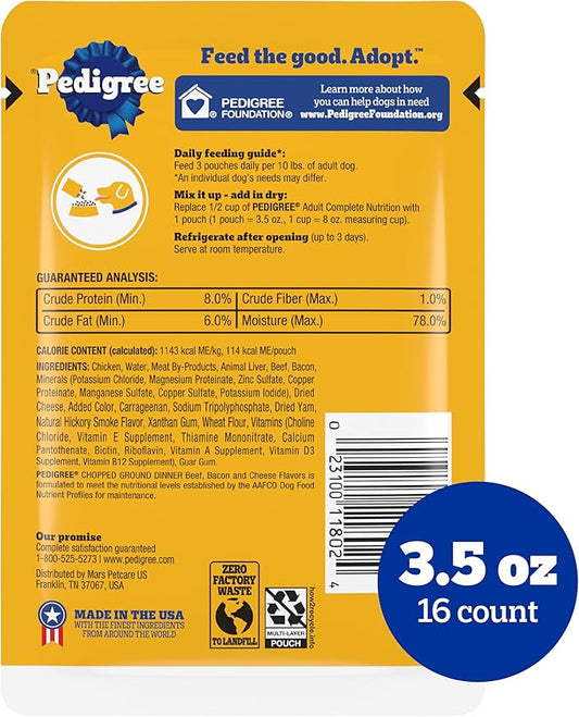 Pedigree Chopped Ground Dinner Wet Dog Food Pouches with Beef, Bacon, & Cheese Flavor, 3.5 oz Pouches, 16 Count