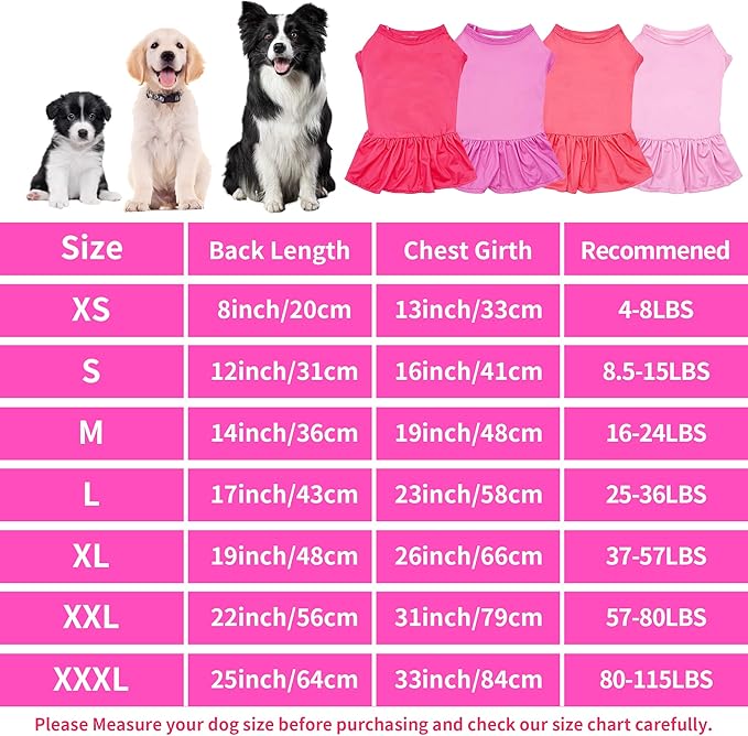 4PCS/Pack Big Dog Dresses Shirts Pink for XXXL Large Dogs Girl Female Purple Red Skirts Spring Summer Clothes Pet Apparel Sundress Stretchable Lightweight Outfit