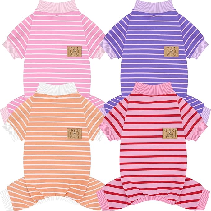 XPUDAC 4 Pack Dog Pajamas Striped Dog Clothes for Small Medium Dogs Girl Boy Comfy Puppy Outfit Doggy Jammies Onesie Pet Costume, Purple, Pink, Orange, L