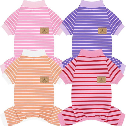 XPUDAC 4 Pack Dog Pajamas Striped Dog Clothes for Small Medium Dogs Girl Boy Comfy Puppy Outfit Doggy Jammies Onesie Pet Costume, Purple, Pink, Orange, L