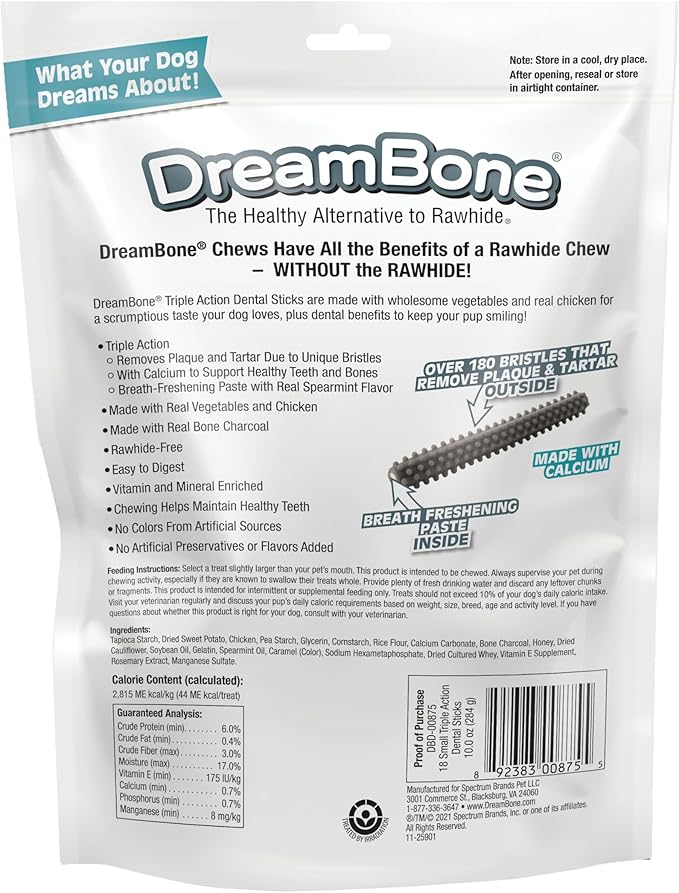 DreamBone Triple Action Dental Sticks Charcoal, 18 Count, Rawhide-Free Chews for Small and Medium Sized Dogs Freshens Breath