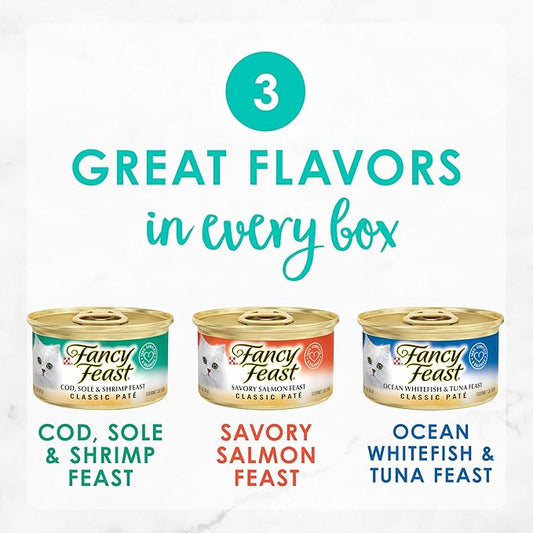 Purina Fancy Feast Seafood Classic Pate Collection Grain Free Wet Cat Food Variety Pack - (Pack of 24) 3 oz. Cans