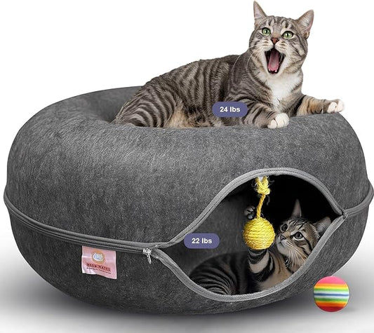 MEOWMATES Peekaboo Cat Tunnel Bed with Hanging Ball Toy – Large Cat Tunnels for Indoor Cats up to 30lbs – Round Cat's cave Bed with Scratch-Resistant, Easy to Wash & Cozy Design (24x24x11)