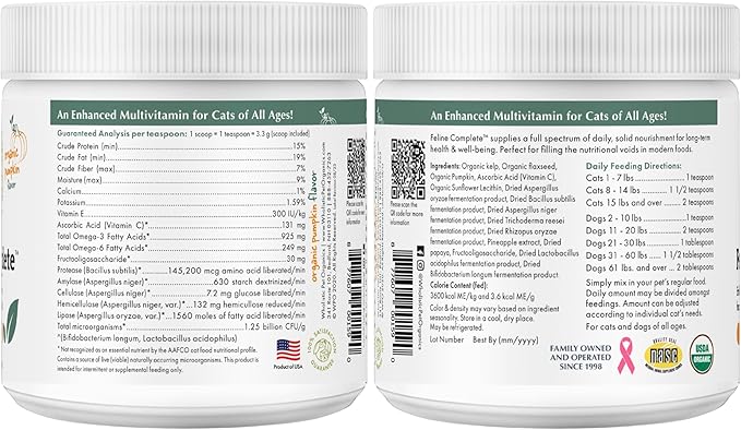 Wholistic Pet Organics Feline Complete Organic Pumpkin - 4 Oz - Multivitamin & Probiotic Powder for Cats - Natural Cat Food & Digestive Support - 37 Scoops
