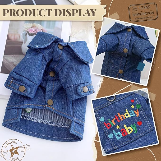 Dog Jean Jacket with D-Ring Blue Denim Coat Dogs Outfits for Small Dogs Cats Boy Male Girl Birthday Clothes Costume Letter Embroidery Dogggie Puppy Winter Warm Clothes(Birthday Baby,S)