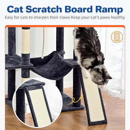 ABCPET Cat Tree Tower 63in Multi-Level Cat Tower for Indoor Cats with Sisal Scratching Posts, Condo, Hammock, Dangling Ball and Extended Platform for Cats to Play, Grey