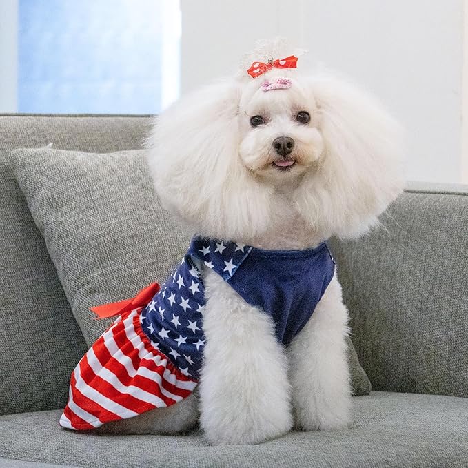 CuteBone Dog Dresses Velvet 4th of July Small Dogs Clothes Onesie Pet Apparel Girl Puppy Skirt with Bow Hair Rope CVA39M-D