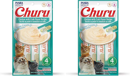 INABA Churu Cat Treats, Grain-Free, Lickable, Squeezable Creamy Purée Cat Treat/Topper with Vitamin E & Taurine, 0.5 Ounces Each Tube, 4 Tubes, Chicken with Crab Recipe (Pack of 2)