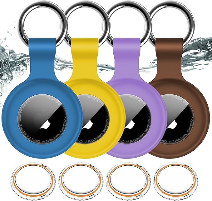 1|2|4Pack for Apple AirTag Holder,for Air Tag 2nd &1st Genaretion,Waterproof GPS Tracker Air Tag Keychain with Cover Anti-Scratch Silicone for Air-Tag Case for Pets,Luggages-Yellow+Blue+Purple+Brown