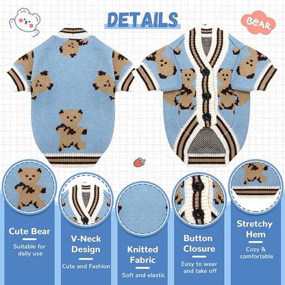 ABRRLO Small Dog Sweaters Cute Bear Dog Cardigans Clothes for Small Medium Dogs Boy Girl Puppy Cat Knitting Cardigan Outfits Dogs Winter Coats Warm Pet Doggy Clothes Soft Knitwear Apparel (Blue,XL)