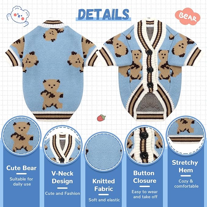 ABRRLO Small Dog Sweaters Cute Bear Dog Cardigans Clothes for Small Medium Dogs Boy Girl Puppy Cat Knitting Cardigan Outfits Dogs Autumn Coats Warm Pet Doggy Clothes Soft Knitwear Apparel (Blue,M)
