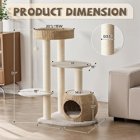 KAMABOKO Modern Cat Tree, Cat Trees for Indoor Cats w/Natural Sisal Scratching Posts, Hand-Woven Condo & Top Perch, 39" Tall Cat-Tree for Kittens Climb Play & Rest