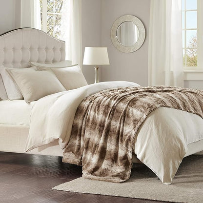 Madison Park Zuri Soft Plush Luxury Oversized Faux Fur Throw Animal Stripes Design, Faux Mink On The Reverse, Modern All Seasons Blanket for Bed, Sofa Couch, Office, Tan, 96x80"