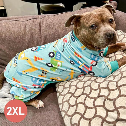 KYEESE Dog Pajamas Velvet Dog Pajamas Medium Sized Dogs Soft Dogs Clothes Pjs with Construction Vehicles Pattern Stretchy Pet Jammies Coat Comfy Pet Onesie Costume, 2X-Large